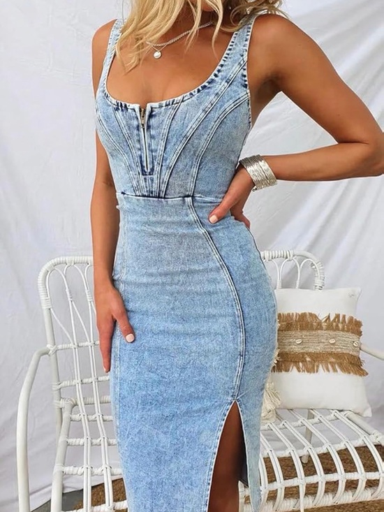 Utcoco Dresses & Skirts - NWOT Blue Denim Midi Dress with Front Zip and Side Slit, Medium